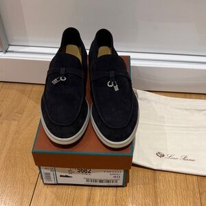 Loro Piana Black Suede Slip-On Loafers with Silver Hardware